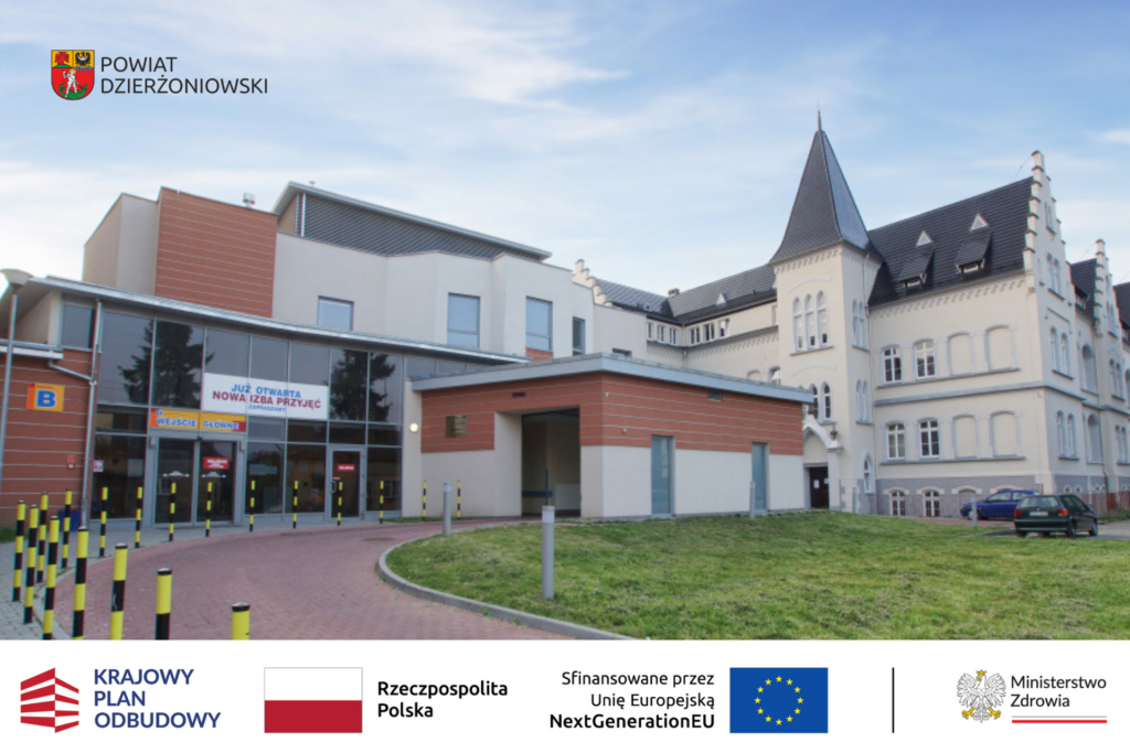 budynek szpitala grafika poniżej pasek krajowy plan odbudowy, flaga unijna i flaga Polski