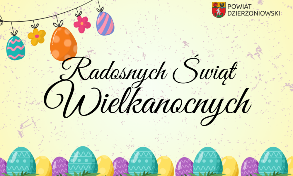 Kartka Wielkanocna Radosnych Świąt Wielkanocnych front, kolorowe jajka, żółte tło