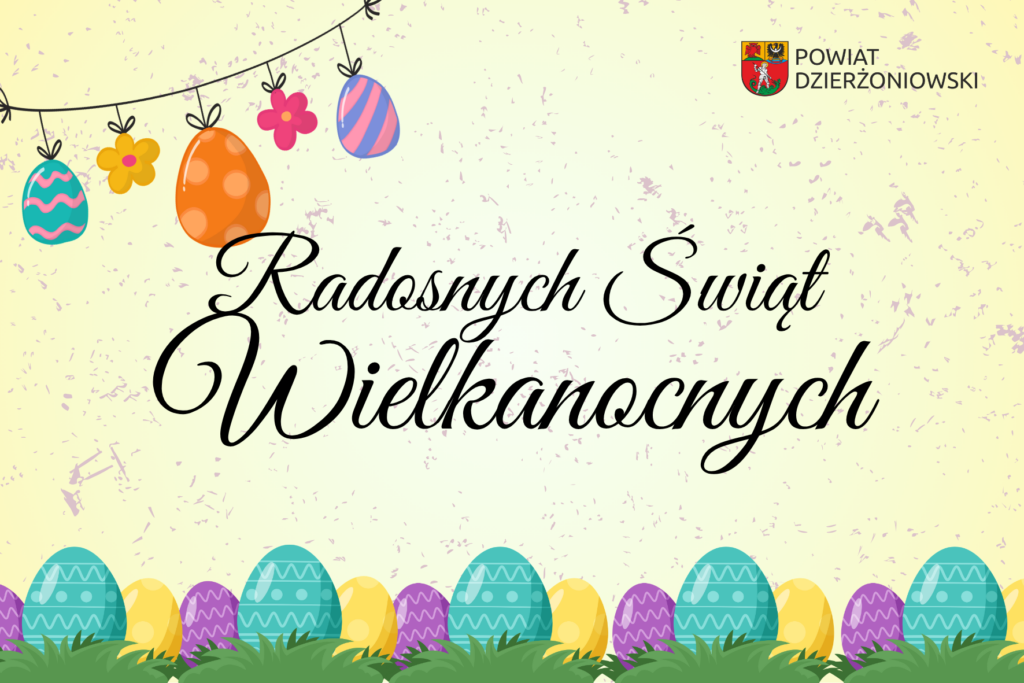 Kartka Wielkanocna Radosnych Świąt Wielkanocnych front, kolorowe jajka, żółte tło