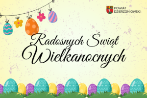 Kartka Wielkanocna Radosnych Świąt Wielkanocnych front, kolorowe jajka, żółte tło