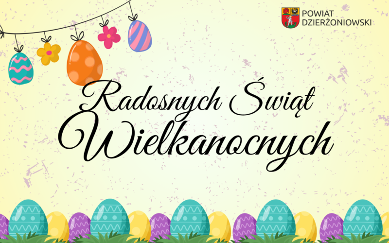 Kartka Wielkanocna Radosnych Świąt Wielkanocnych front, kolorowe jajka, żółte tło