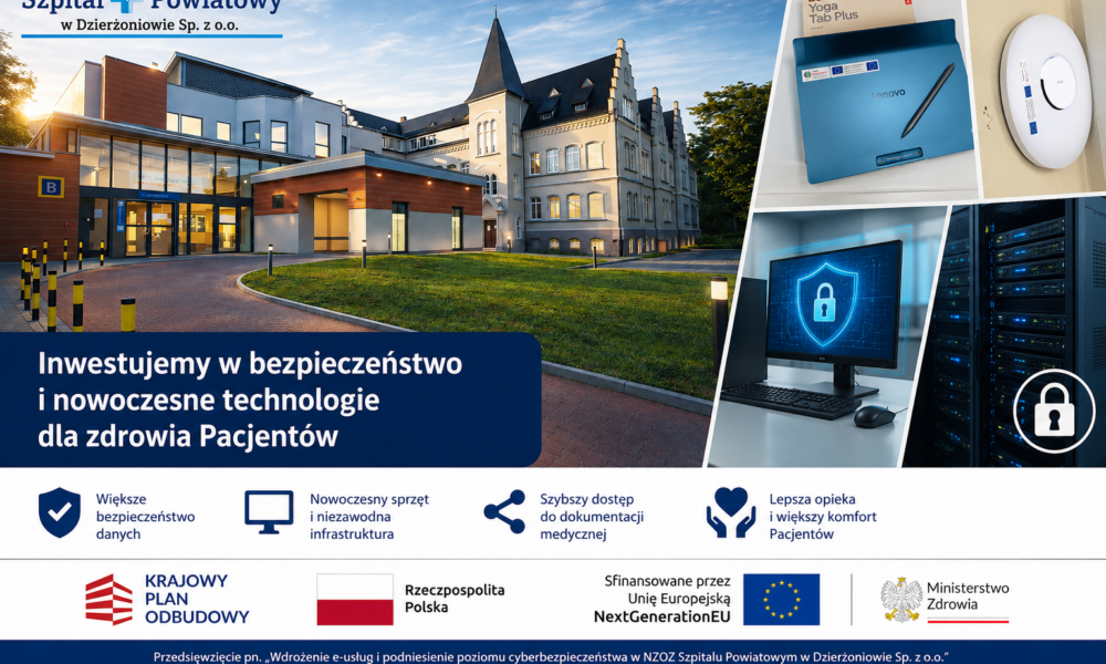 grafika cyberbezpieczeństwo, budynek szpitala poniżej obrazki graficzne i logotypy