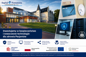 grafika cyberbezpieczeństwo, budynek szpitala poniżej obrazki graficzne i logotypy