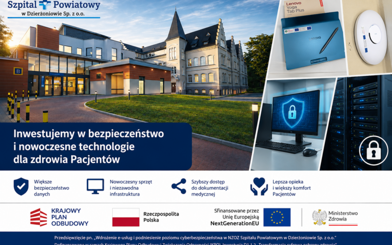 grafika cyberbezpieczeństwo, budynek szpitala poniżej obrazki graficzne i logotypy